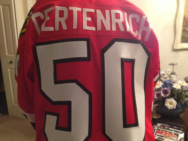 <p>Bob Gertenrich has a personalized Blackhawks jersey with his last name on the back.</p>
