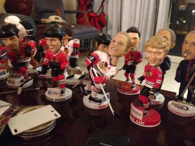 <p>Bob Gertenrich has several Blackhawks bobblehead dolls in his Skokie condominium.</p>
