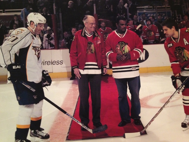 <p>Bob Gertenrich participates in a ceremonial puck drop during a Blackhawks game against the Nashville Predators.</p>
