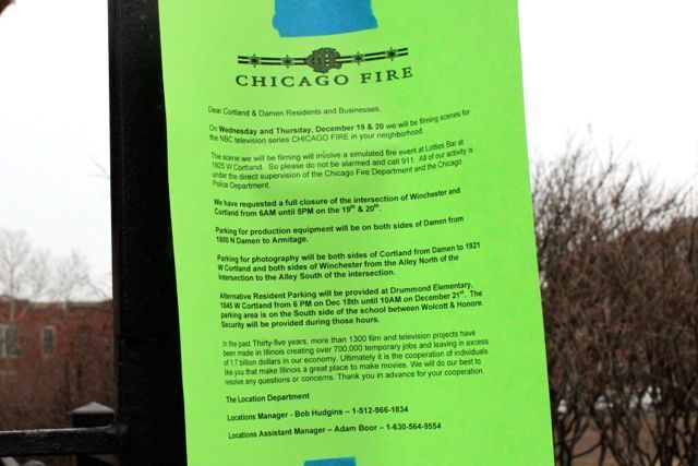 <p>Parking advisories are in effect for the intersection of Winchester and Cortland avenues as well as nearby Damen Avenue from the 1800 block north to Armitage Avenue.&nbsp; Alternative residential parking will be provided at Drummond Elementary, one block south of Lottie's at 1825 W. Cortland Ave., from 6 p.m. Tuesday to 10 a.m. Friday, according to a sign posted by the production team.</p>
