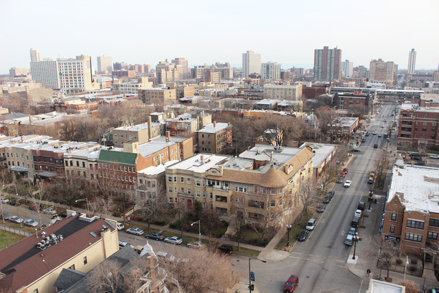 <p>The view from the Wilson Apartments, a building developer Jay Michael bought and is renovating in Uptown. The developer has bought six other buildings on the North Side.</p>
