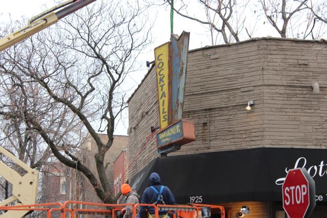 <p>A sign advertising "Bombardier Lounge" will hang at Lottie's Pub, 1925 W. Cortland Ave., during the two-day filming of a "simulated emergency" scene for the NBC drama "Chicago Fire."</p>
