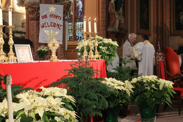 <p>The crystal reliquary containing what is believed to be a part of Jesus' manger, a section of the Virgin Mary's veil and a thread from St. Joseph's cloak is on display at Holy Family Church</p>
