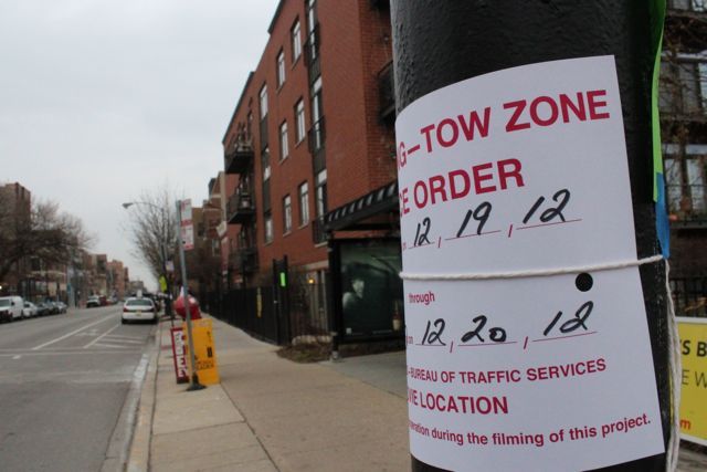 <p>Parking advisories are in effect for the intersection of Winchester and Cortland avenues as well as nearby Damen Avenue from the 1800 block north to Armitage Avenue.&nbsp; Alternative residential parking will be provided at Drummond Elementary, one block south of Lottie's at 1825 W. Cortland Ave., from 6 p.m. Tuesday to 10 a.m. Friday, according to a sign posted by the production team.</p>
