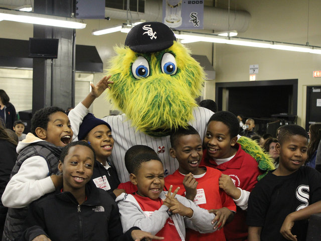 <p>The White Sox mascot "Southpaw" was a big hit, especially with this group from Ignance Padarewski Elementary.</p>
