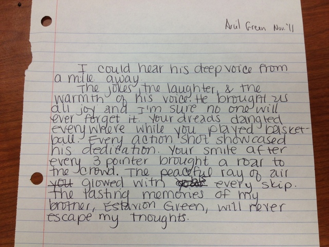 <p>CICS-Ellison senior Ariel Green wrote this paper after her brother, Estavion Green, was fatally shot in 2011.</p>
