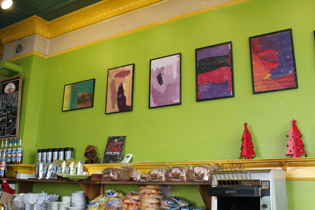 <p>Cafe Jumping Bean features a different local artist every five weeks. This art is part of the cafe's annual children's art show.</p>
