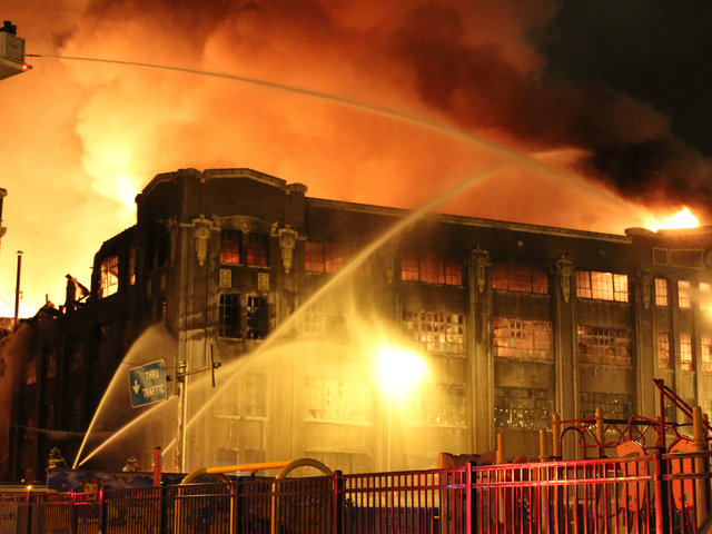 <p>Water from multiple fire hoses appeared to freeze almost on impact.</p>
