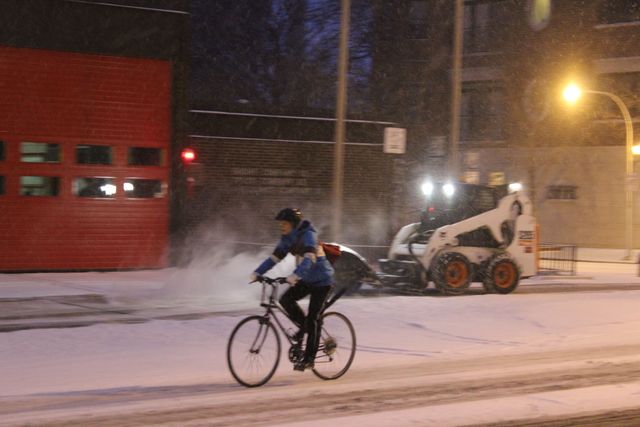 <p>Friday morning's snow was not enough to deter some bicyclists, like this intrepid traveler on West Wilson Avenue in Uptown.</p>
