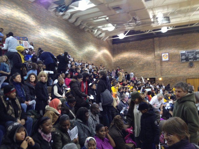 <p>About 200 people pack the bleachers at the event.</p>
