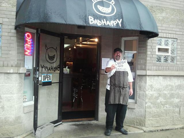 <p>Tom Kern, head chef and owner of BadHappy, poses in front of the River North shop.</p>

