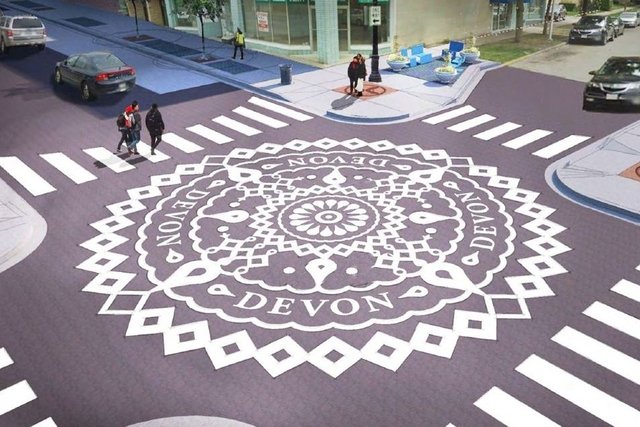 <p>The Devon Avenue streetscape project will include designs within major intersections, as well as more noticeable crosswalk markings.</p>
