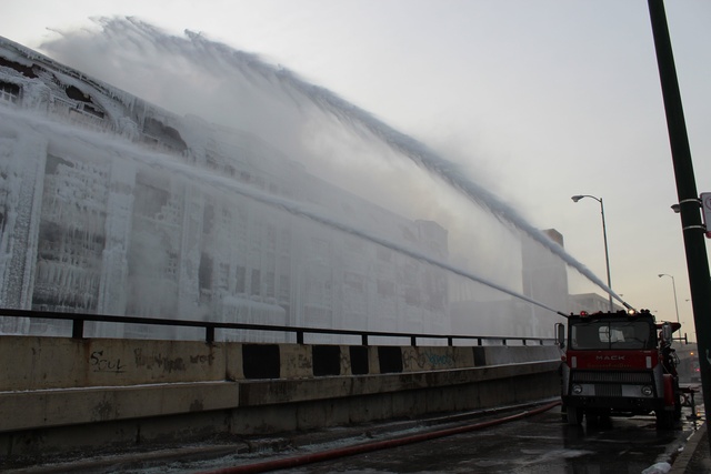 <p>The trucks blasted water at a rate of 2,500 gallons per minute, firefighters said Thursday.</p>

