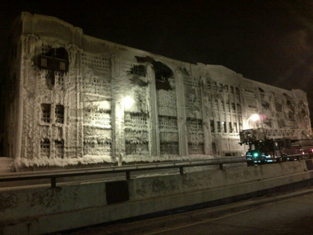 <p>A frozen, burned out warehouse on South Ashland Avenue in Bridgeport, taken hours after the massive fire.</p>
