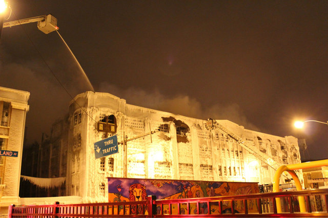 <p>Personnel continue to work on a frozen warehouse that was burned in a massive fire on Tuesday night.</p>

