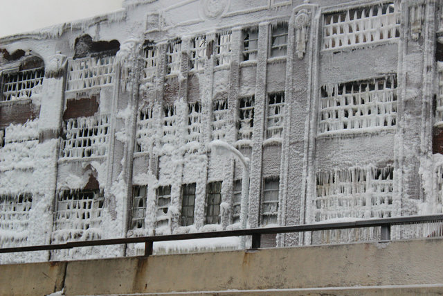 <p>A closer look at a warehouse frozen the morning after a fire went through the building.&nbsp;</p>
