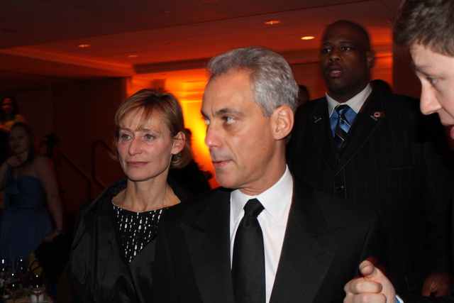<p>Mayor Rahm Emanuel and his wife, Amy Rule, mingle at the Illinois Inaugural Ball in Washington, D.C., on Saturday.</p>
