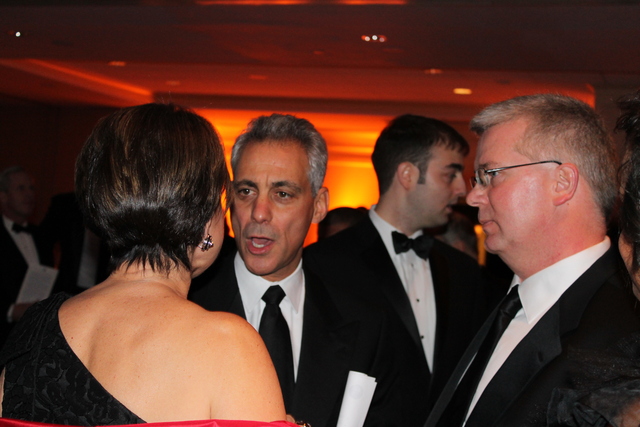 <p>Mayor Rahm Emanuel mingles at the Illinois Inaugural Ball in Washington, D.C., on Saturday.</p>
