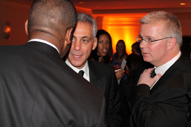 <p>Mayor Rahm Emanuel mingles at the Illinois Inaugural Ball in Washington, D.C., on Saturday.</p>
