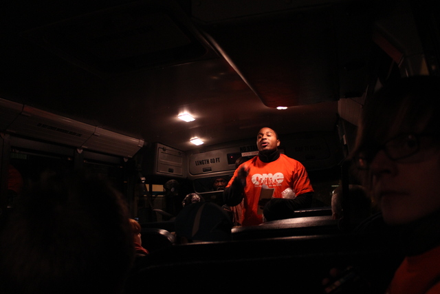 <p>A members of Organization of the Northeast sang songs of solidarity on one of two buses headed to the Gold Coast.</p>
