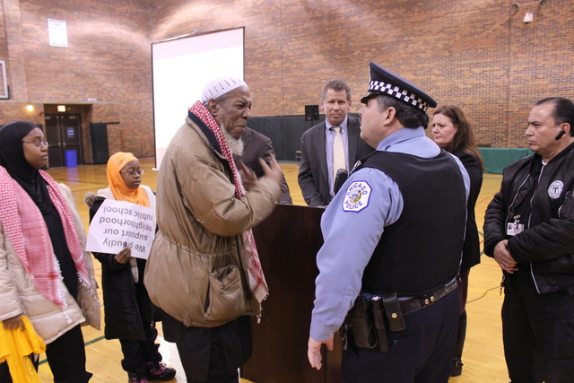 <p>Spencer Bey, 63, whose daughter is a student at Gale Elementary shouted down Chicago Public Schools officials at a community meeting Monday night. He said he felt disrespected at the meeting. "They need to put more money into schools," he said.</p>
