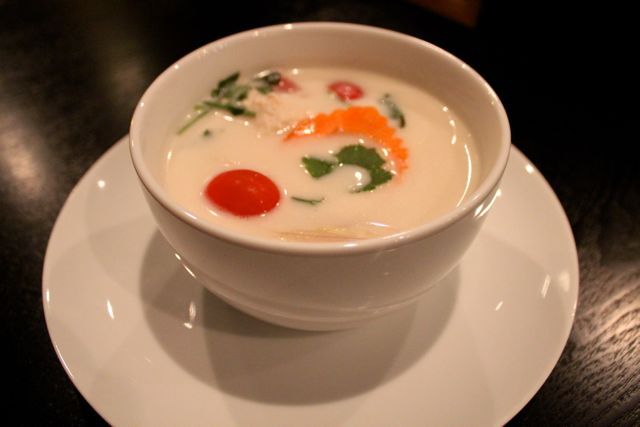 <p>This bowl of Tom Kha soup contains light coconut milk served with chicken, fresh lime juice, lemongrass, citrus leaves, <a href=