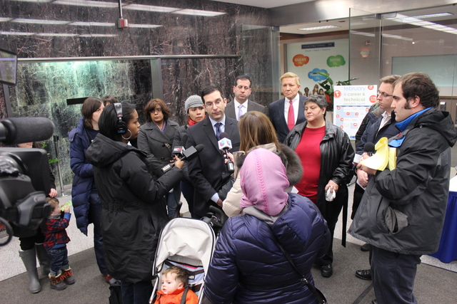 <p>Ald. Scott Waguespack (32nd) talks to media in the lobby of CPS headquarters, Wednesday, Feb. 6, 2013.</p>
