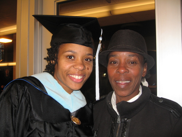 <p>Dominique Jacobs (left) poses with her mother, Lula Jacobs, after earning her master's degree in education at North Park University.</p>
