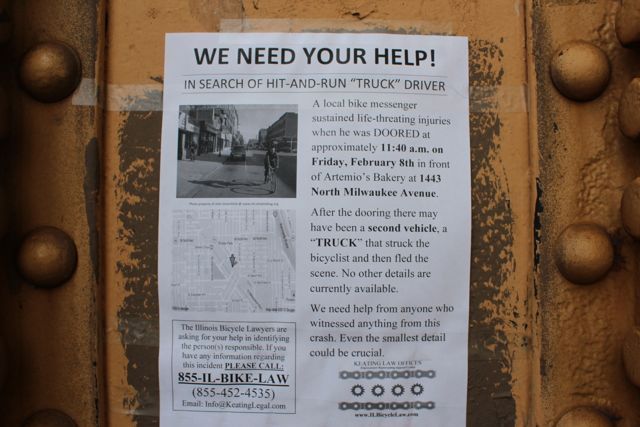 <p>Bike messenger Dustin Valenta, 27, was injured in a Hit and Run accident around 11 a.m. Feb. 8 on the 1400 block of N. Milwaukee Ave.&nbsp;&nbsp; Valenta's lawyer has canvassed the neighborhood with flyers appealing for the public's help in locating witnesses.</p>
