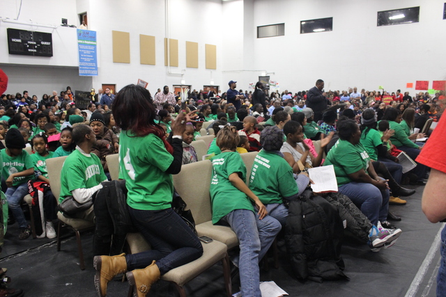 <p>Community members look on as Ald. Jason Ervin (28th) addresses the crowd at the second CPS Garfield-Humboldt Network community engagement meeting, Wednesday, Feb. 27, 2013.</p>
