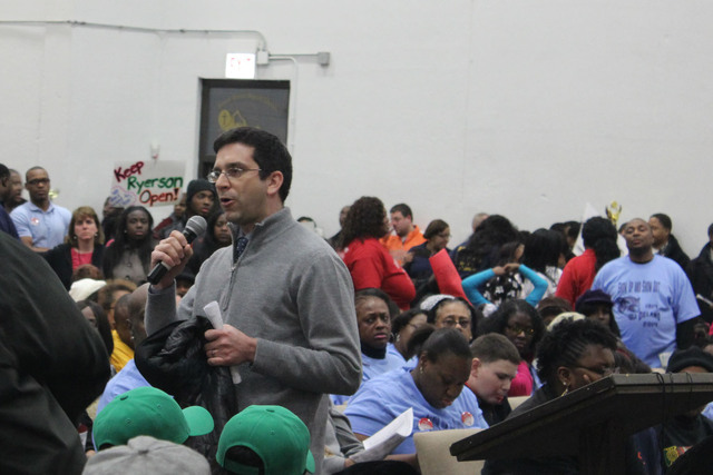 <p>Ald. Scott Waguespack (32nd) speaks at the second CPS Garfield-Humboldt Network community engagement meeting, Wednesday, Feb. 27, 2013.</p>
