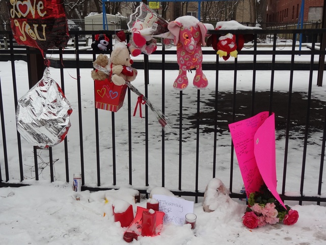 <p>A memorial near where Hadiya Pendleton, 15, was killed in January.</p>
