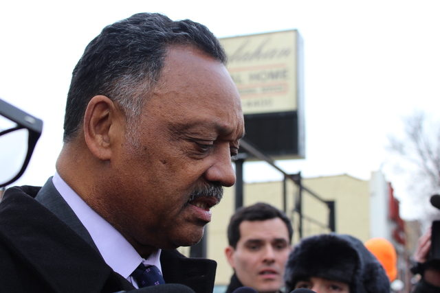<p>Rev. Jesse Jackson speaks outside the viewing for Hadiya Pendleton Friday.</p>
