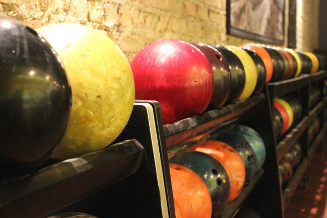 <p>Bowling balls ready for action at the remodeled Lincoln Square Lanes.</p>
