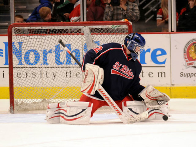 <p>St. Rita senior goalie Marty Napleton stopped 28 shots in a 5-0 victory over St. Viator in the 2012 state championship game at the United Center.</p>
