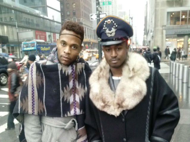 <p>Two hip cats pose on the streets of New York during Mercedes-Benz Fashion Week. Pilsen designer Redgi Woods said men's accessories were a hot trend at the underground shows.</p>
