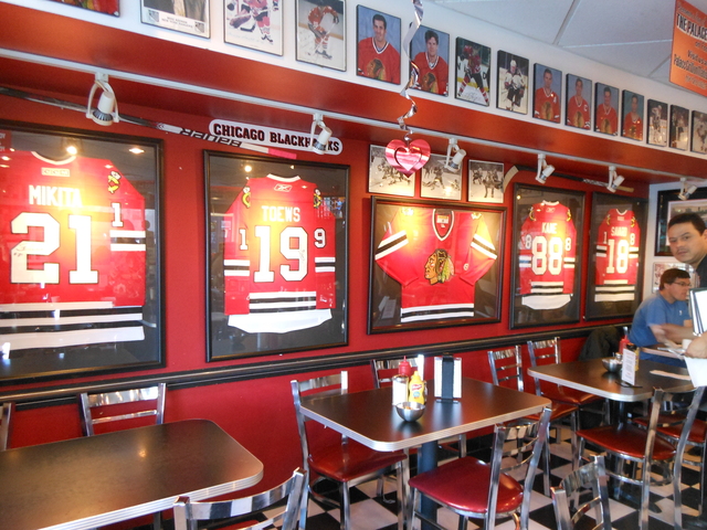 <p>The Red Wall displays Blackhawks memoribilia at Palace Grill, 1408 W. Madison St.</p>
