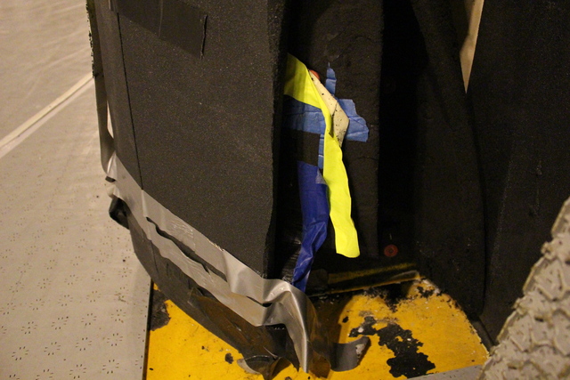 <p>The columns that jut out from the cement wall have been well-padded with foam to soften the blow for skaters.</p>
