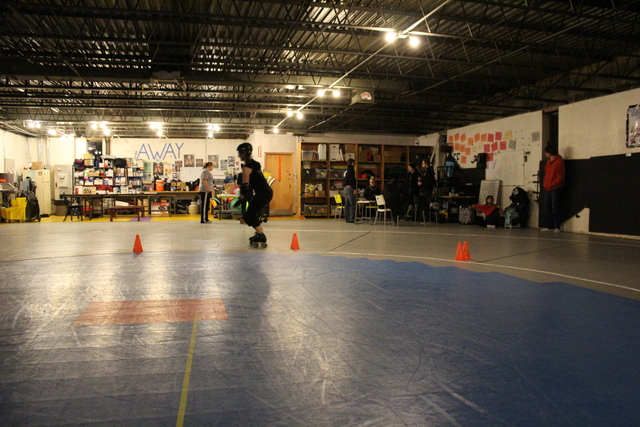 <p>Windy City Rollers skaters warm up before a scrimmage.</p>
