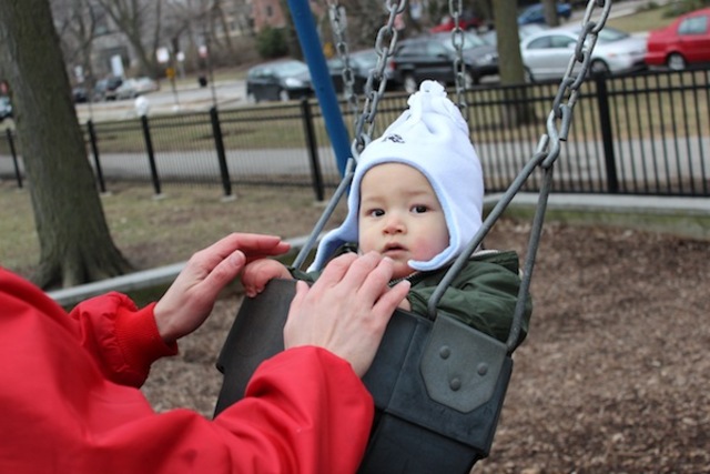 <p>Baby Seiji and his father Jonas Ginsburg go to the park every week as it is now. Seiji, his father said, is content to just tug at the grass.</p>
