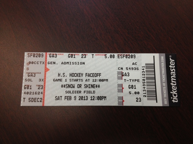 <p>A ticket stub for Saturday's St. Rita-Fenwick outdoor hockey game at Soldier Field.</p>
