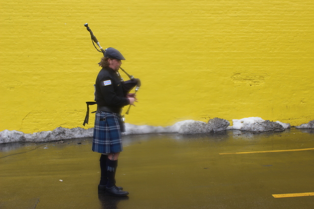 <p>Bagpipers prepare for the 2013 South Side Irish Parade</p>
