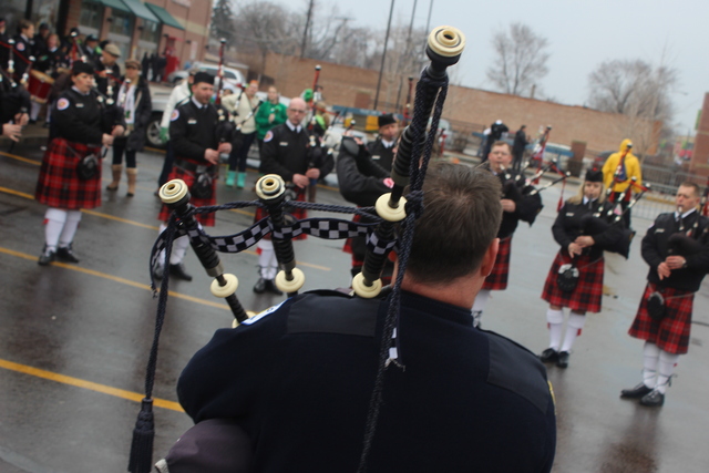 <p>Bagpipers prepare for the 2013 South Side Irish Parade</p>

