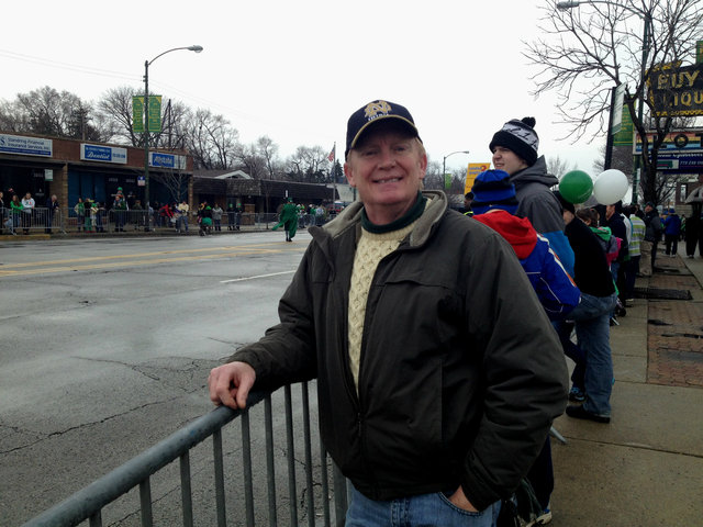 <p>Dan Schatzman, 53, of West Beverly, snagged a front-row spot at the South Side Irish Parade among a thin crowd on Western Avenue.</p>
