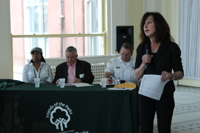 <p>Erma Tranter, president of Friends of Parks, introduces a panel of park district and police officials at Saturday's "Security Summit."</p>

