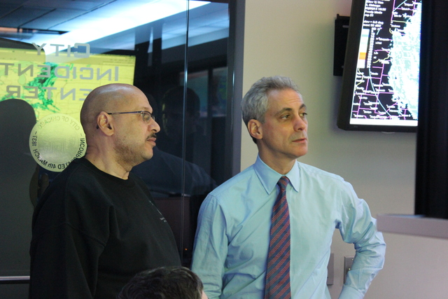 <p>Mayor Rahm Emanuel stands with Streets and Sanitation Commissioner Charles Williams at the city's OEMC building Tuesday. Emanuel and Williams said the city is prepared for the snowstorm that rolled into Chicago Tuesday.</p>
