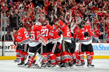  The Chicago Blackhawks celebrate after defeating the Los Angeles Kings and taking the Western Conference title in Game 5 of the Western Conference Final during the 2013 Stanley Cup Playoffs at the United Center on June 08, 2013 in Chicago. 
