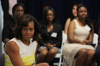 The first lady spoke to a group of graduated high school students who participated in the Urban Alliance Chicago internship program during the 2012-2013 school year.