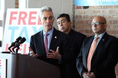 Mayor Rahm Emanuel speaks at a news conference in the Instituto del Progreso Latino, 2520 S. Western Ave.
