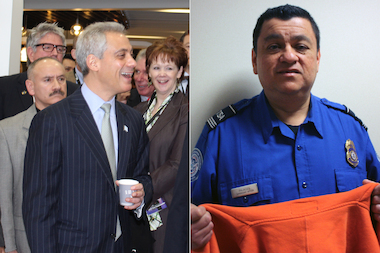Mayor Rahm Emanuel praised Eddie Palacios, who jumped on the Blue Line tracks to protect a fallen woman, as a "true public citizen." Emanuel is pictured here at an event at O'Hare International Airport Friday. Palacios, a Transportation Security Administration employee, holds the sweatshirt he was wearing at the time of Wednesday's incident.